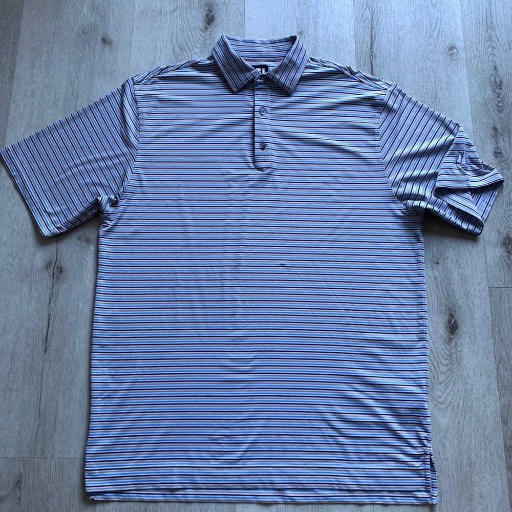 FootJoy Men's L Striped Performance Golf Polo‎ Shirt Blue Orange ProDry Stretch